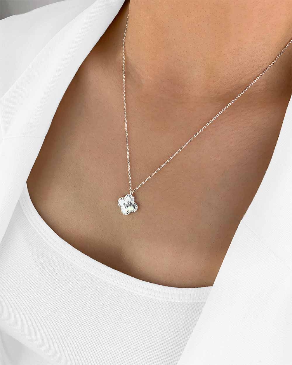 Damen Halskette Silber 925 Clover Anhänger Vierpass Kristall Stein 'Madlen', filigrane Silberkette Kristallanhänger rundes Viereck Quatrefoil Kette
