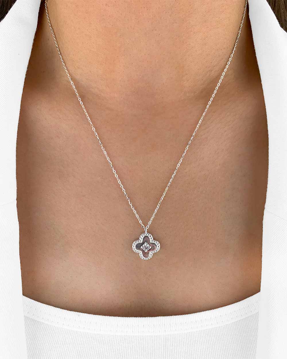 Damen Halskette Silber 925 Clover Anhänger Vierpass Kristall Stein 'Madlen', filigrane Silberkette Kristallanhänger rundes Viereck Quatrefoil Kette