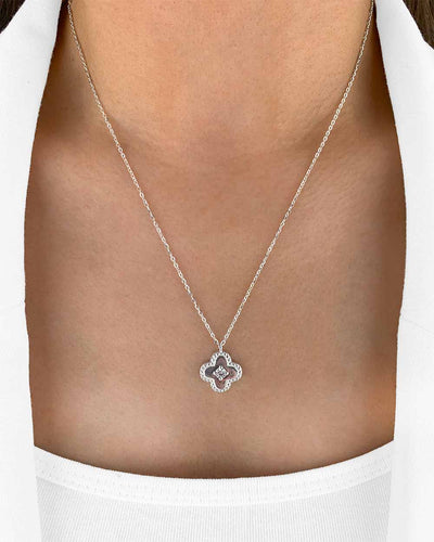 Damen Halskette Silber 925 Clover Anhänger Vierpass Kristall Stein 'Madlen', filigrane Silberkette Kristallanhänger rundes Viereck Quatrefoil Kette