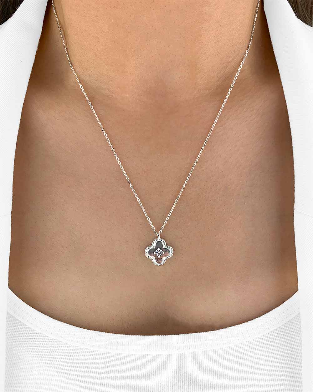 Damen Halskette Silber 925 Clover Anhänger Vierpass Kristall Stein 'Madlen', filigrane Silberkette Kristallanhänger rundes Viereck Quatrefoil Kette