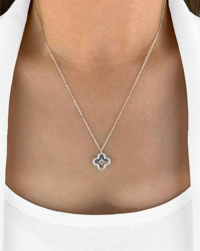 Damen Halskette Silber 925 Clover Anhänger Vierpass Kristall Stein 'Madlen', filigrane Silberkette Kristallanhänger rundes Viereck Quatrefoil Kette