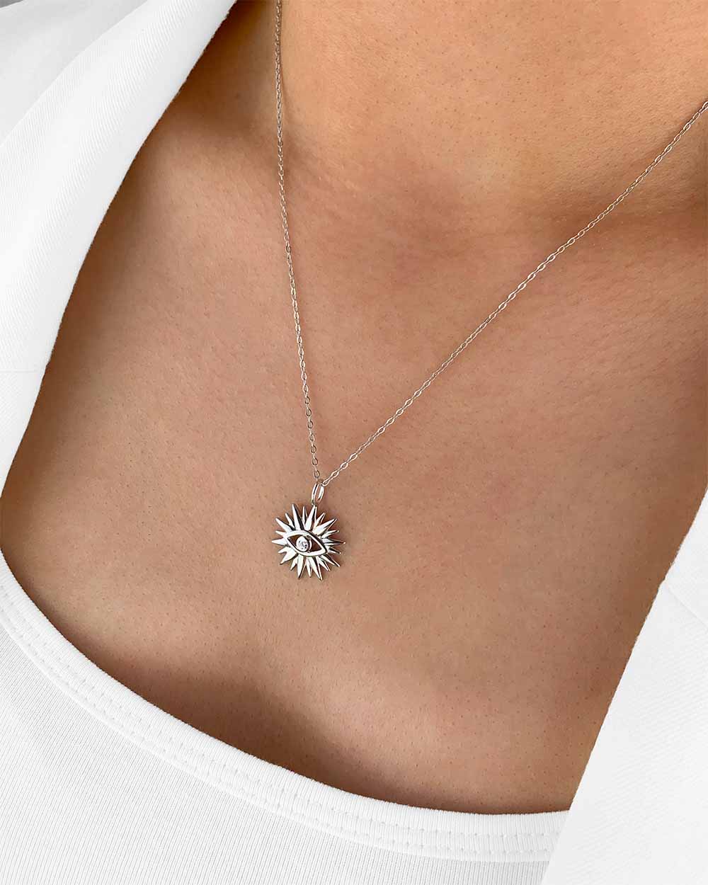 Damen Halskette Silber 925 Stern Anhänger Sonne allsehendes Auge 'Sibella', filigrane Silberkette & schützendes Auge dünne Kette echt Silber Kristall