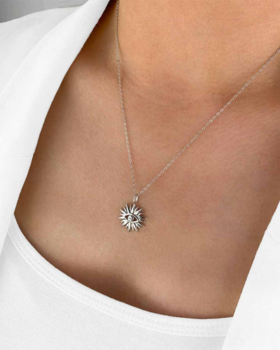 Damen Halskette Silber 925 Stern Anhänger Sonne allsehendes Auge 'Sibella', filigrane Silberkette & schützendes Auge dünne Kette echt Silber Kristall