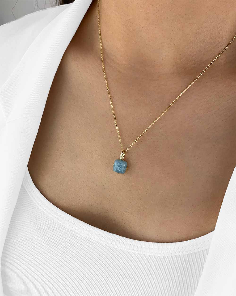 Damen Halskette Silber 925 vergoldet Edelstein Anhänger echt Aquamarin blau Aquamarinkette 'Evana', goldene Silberkette Aquamarinstein natürlich Kette