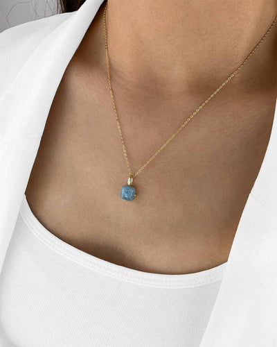 Damen Halskette Silber 925 vergoldet Edelstein Anhänger echt Aquamarin blau Aquamarinkette 'Evana', goldene Silberkette Aquamarinstein natürlich Kette