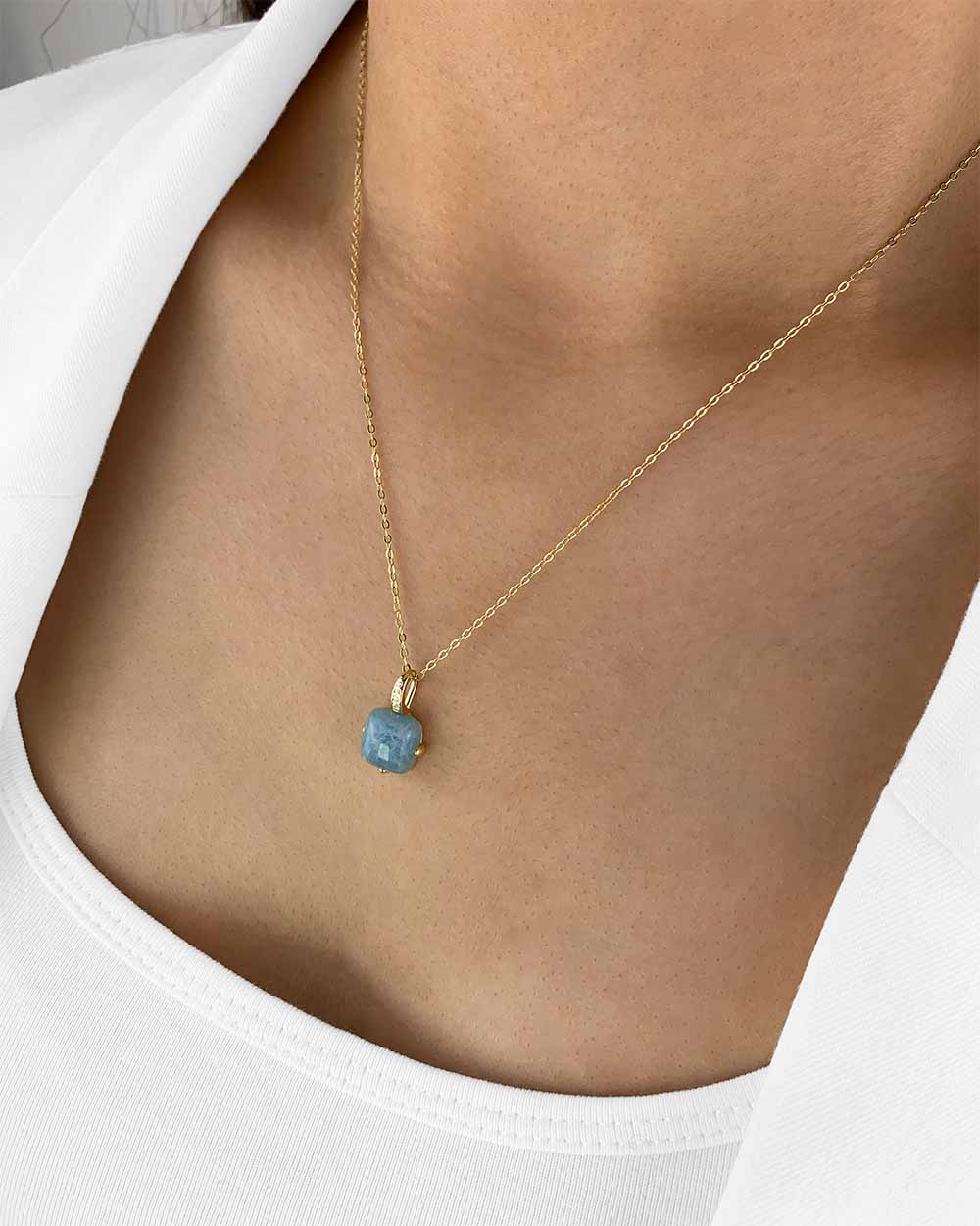 Damen Halskette Silber 925 vergoldet Edelstein Anhänger echt Aquamarin blau Aquamarinkette 'Evana', goldene Silberkette Aquamarinstein natürlich Kette