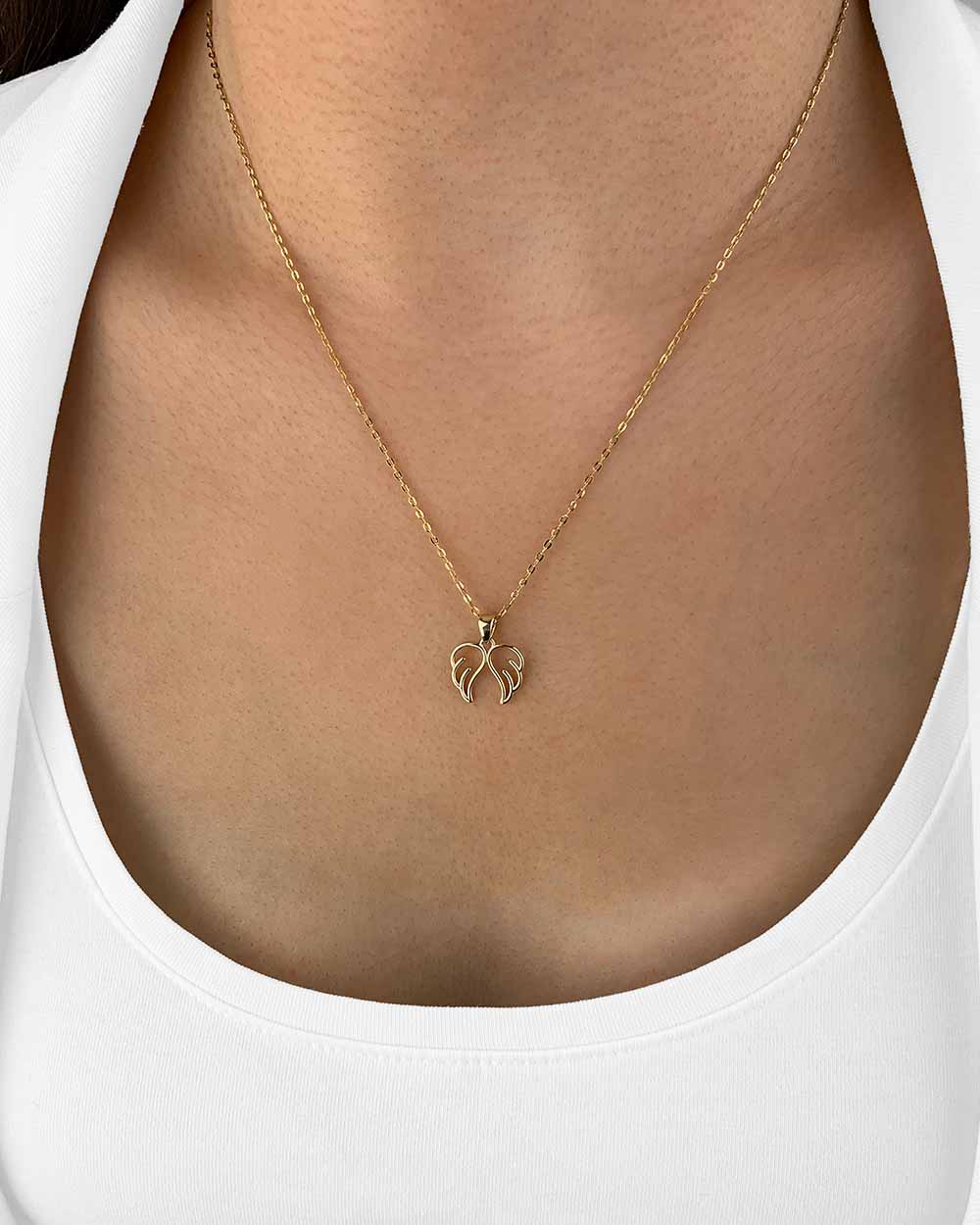 Damen Halskette Gold 375 Anhänger Flügel Engel 'Angelina', filigrane Goldkette + Flügelanhänger 375er Echtgold 9k Schutzengel Flügelkette Engelsflügel