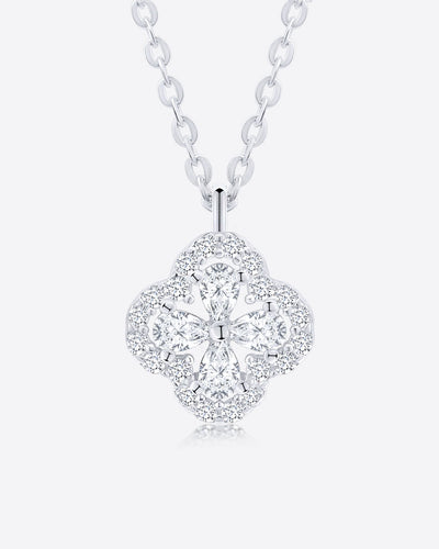 Damen Halskette Silber 925 Clover Anhänger Vierpass Kristall Steine 'Monique', filigrane Silberkette Kristallanhänger rundes Viereck Quatrefoil Kette