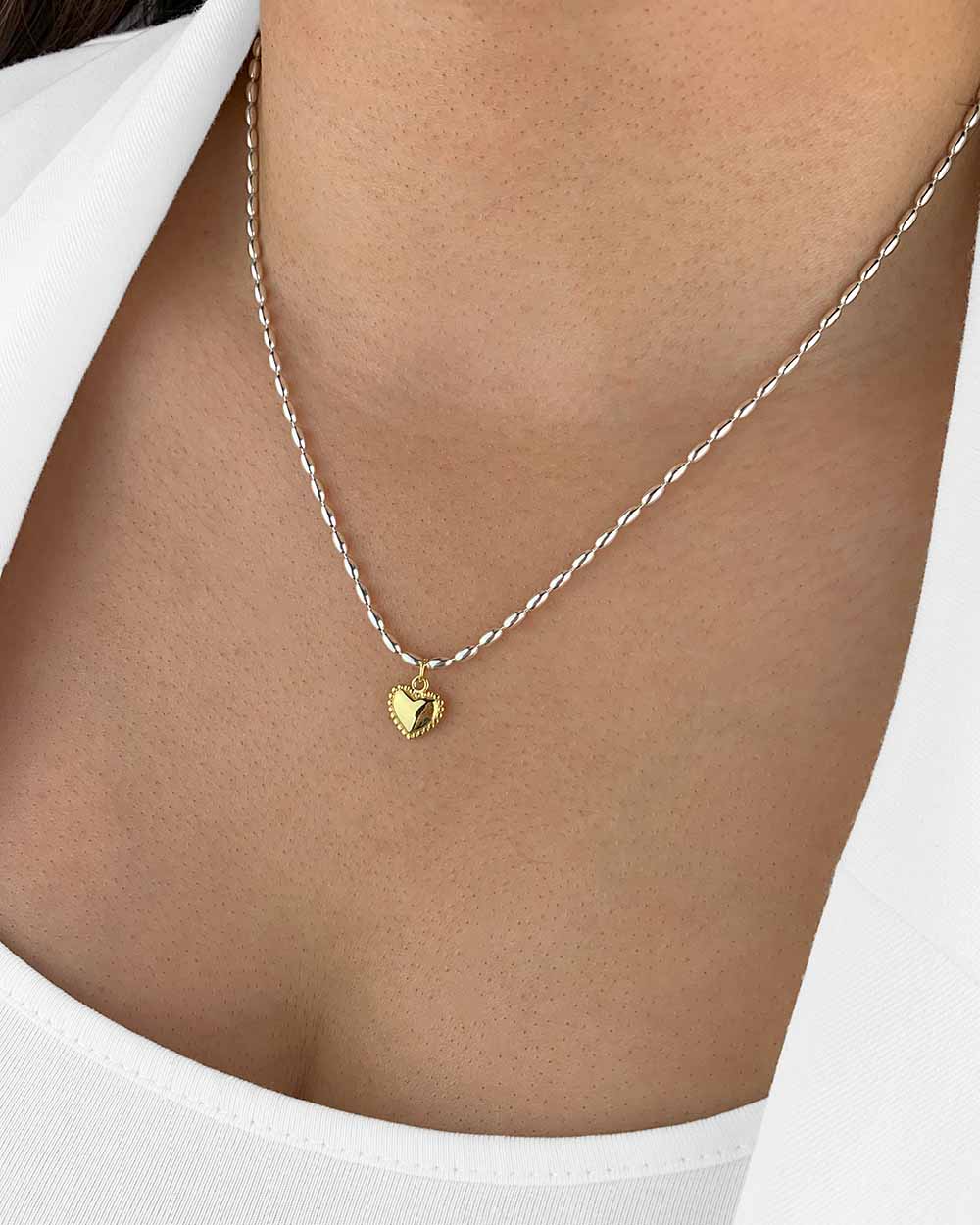 Damen Halskette Silber 925 Anhänger Herz 'Lenia' vergoldet, 45cm Silberkette goldener Herzanhänger klein Kette ovale Silberperlen Herzkette CLIFFORD