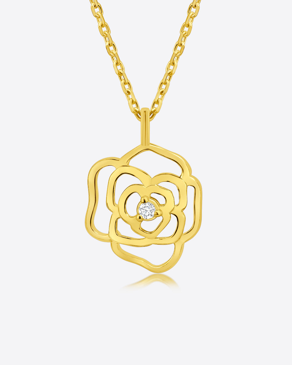 Damen Halskette Silber 925 vergoldet Anhänger Rosenblüte 'Rose', Rosenanhänger goldene Silberkette Blütenanhänger dünne Kette Blume Kristall Steinchen