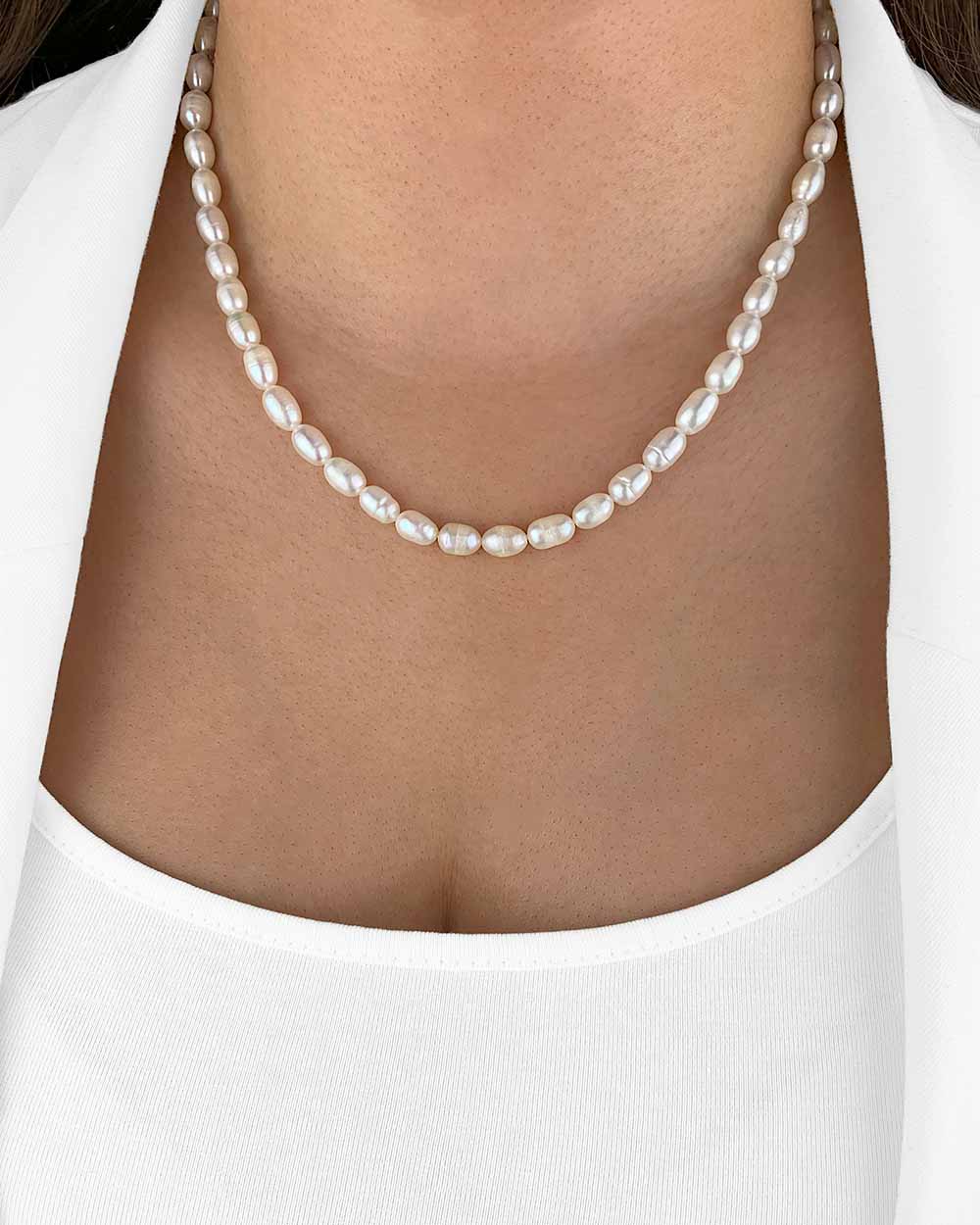 Damen Halskette Silber 925 vergoldet Süßwasserzucht Perlen 'Pearl', klassische Perlenkette weiße Perlen Perlencollier, Collier Süsswasserzuchtperlen