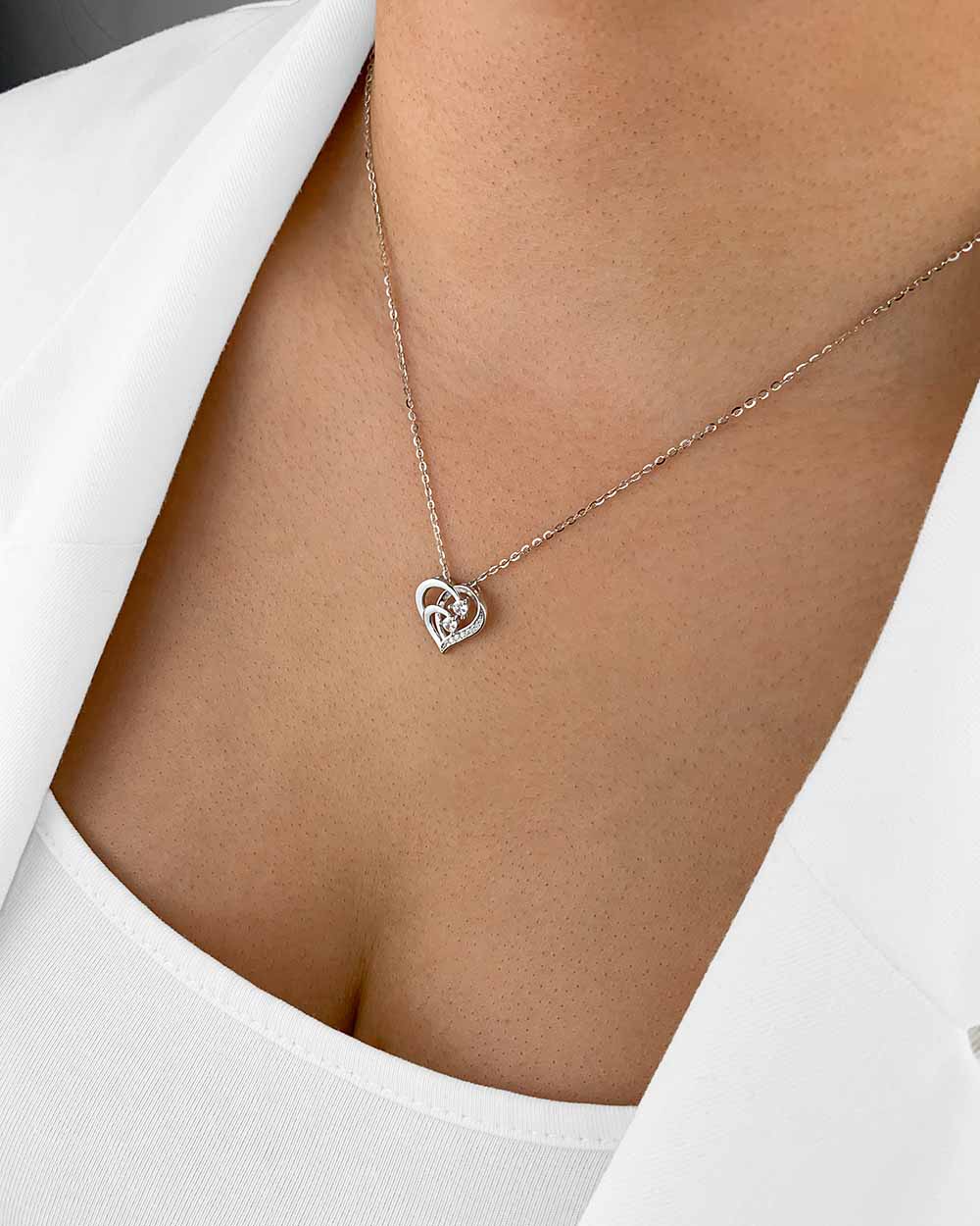 Halskette Damen Silber 925 Herz Anhänger Stein 'Gabrielle', filigrane Herzkette Anhänger Kristall Silberkette Herz Kette Doppelherz DANIEL CLIFFORD