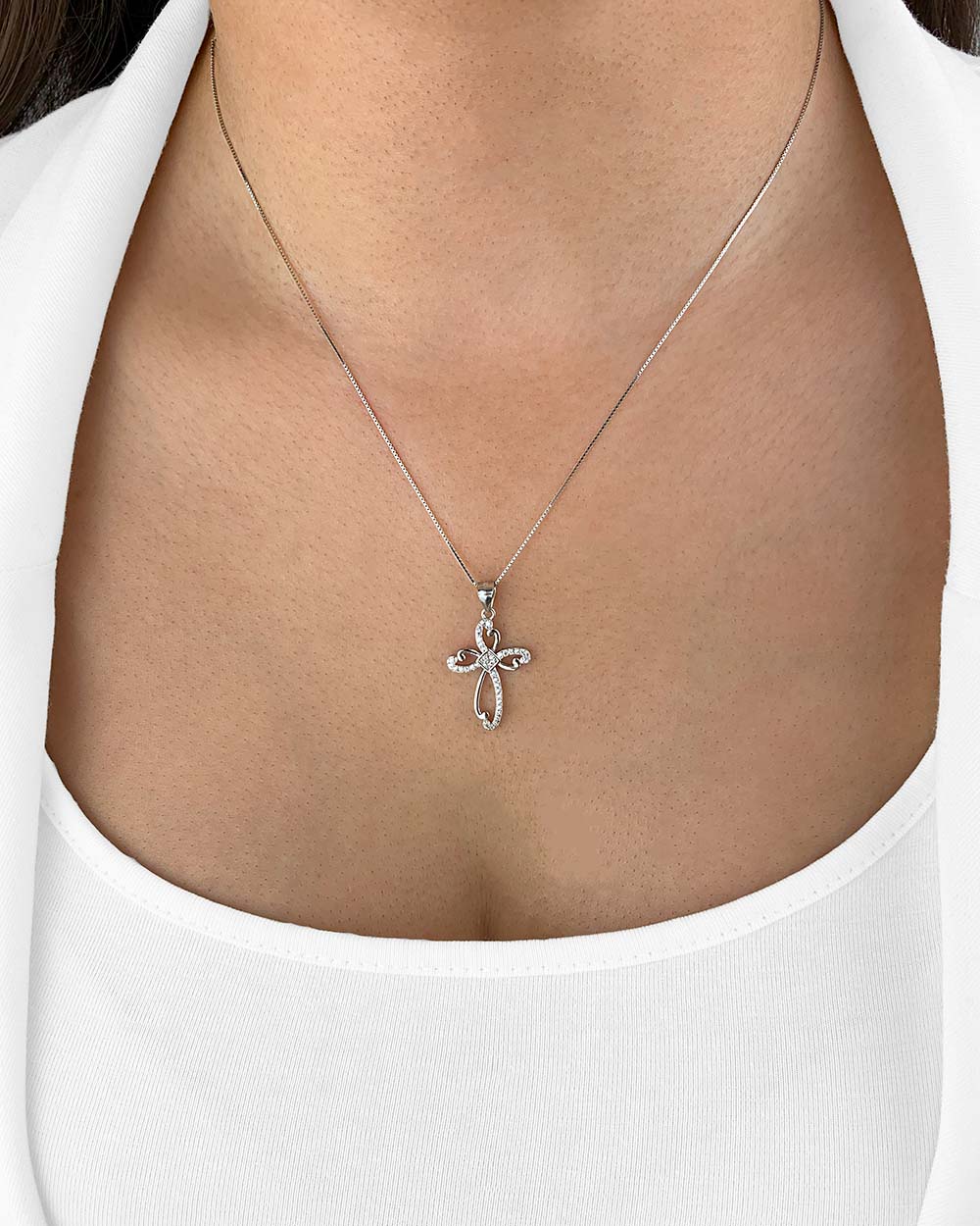 Daniel Clifford Damen Halskette Silber 925 Mary Kette Anhänger Kreuz Pendant Collier Kristall Zirkonia Schmuck Geschenk Frau Freundin Mutter Schwester