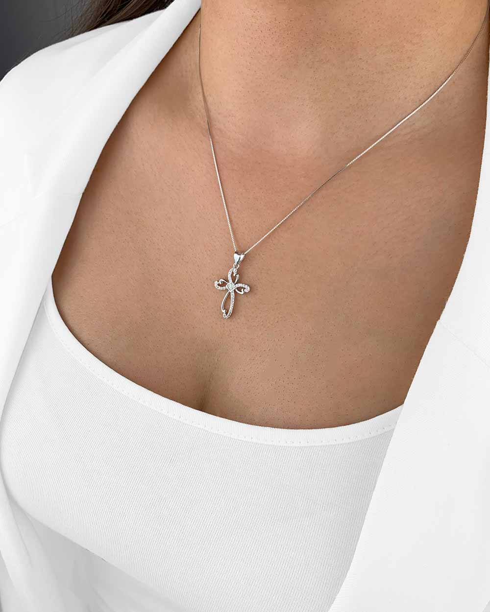 Daniel Clifford Damen Halskette Silber 925 Mary Kette Anhänger Kreuz Pendant Collier Kristall Zirkonia Schmuck Geschenk Frau Freundin Mutter Schwester