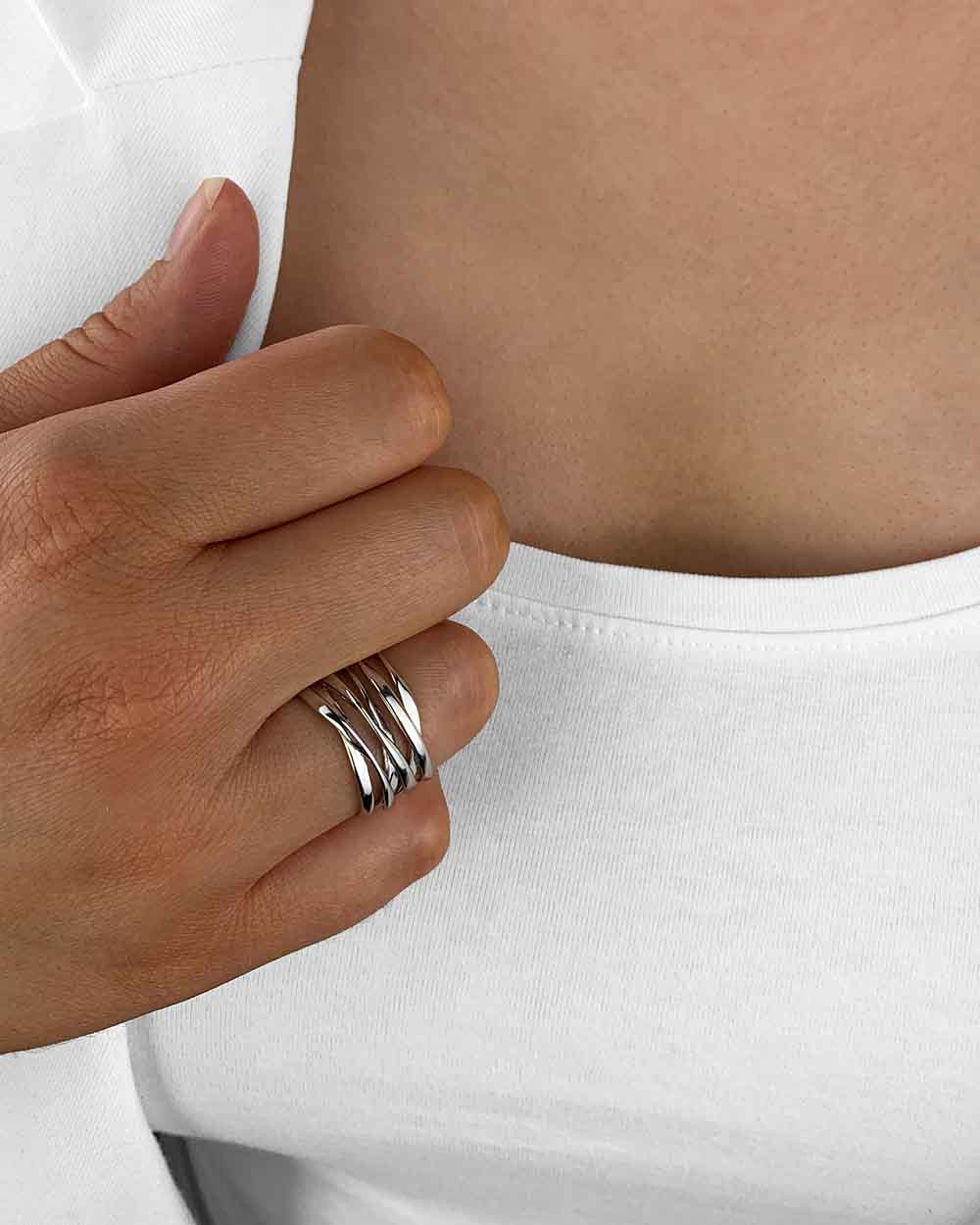 Damen Ring Silber 925 rhodiniert 'Jackie', breiter Silberring größenverstellbar für Frauen Statement-Ring mehrreihig großer Frauenring DANIEL CLIFFORD