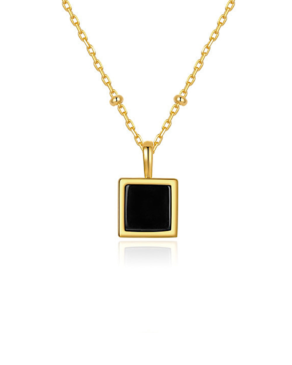 Damen Halskette Silber 925 vergoldet Anhänger Kristall schwarz 'Amara', goldene Silberkette Kristallanhänger quadratisch, dünne Kette Stein Quadrat