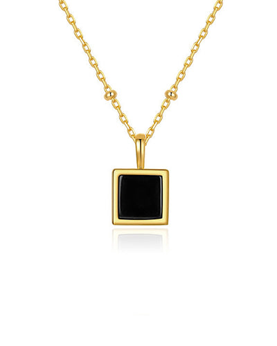 Damen Halskette Silber 925 vergoldet Anhänger Kristall schwarz 'Amara', goldene Silberkette Kristallanhänger quadratisch, dünne Kette Stein Quadrat