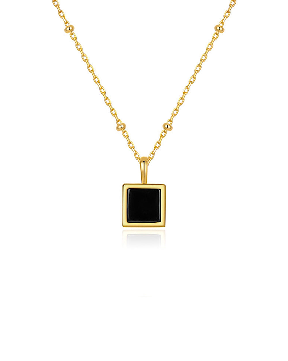 Damen Halskette Silber 925 vergoldet Anhänger Kristall schwarz 'Amara', goldene Silberkette Kristallanhänger quadratisch, dünne Kette Stein Quadrat