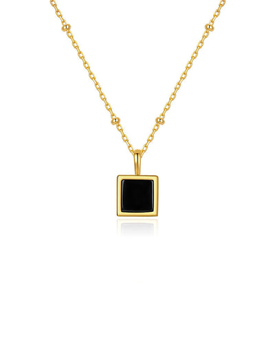 Damen Halskette Silber 925 vergoldet Anhänger Kristall schwarz 'Amara', goldene Silberkette Kristallanhänger quadratisch, dünne Kette Stein Quadrat