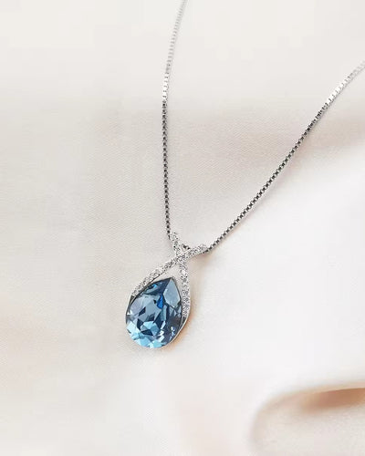 DANIEL CLIFFORD „Liana“ Damen Halskette Silber 925 mit Anhänger Kristall blau, 43cm filigrane Silberkette & blauer Kristallanhänger in Tropfenform
