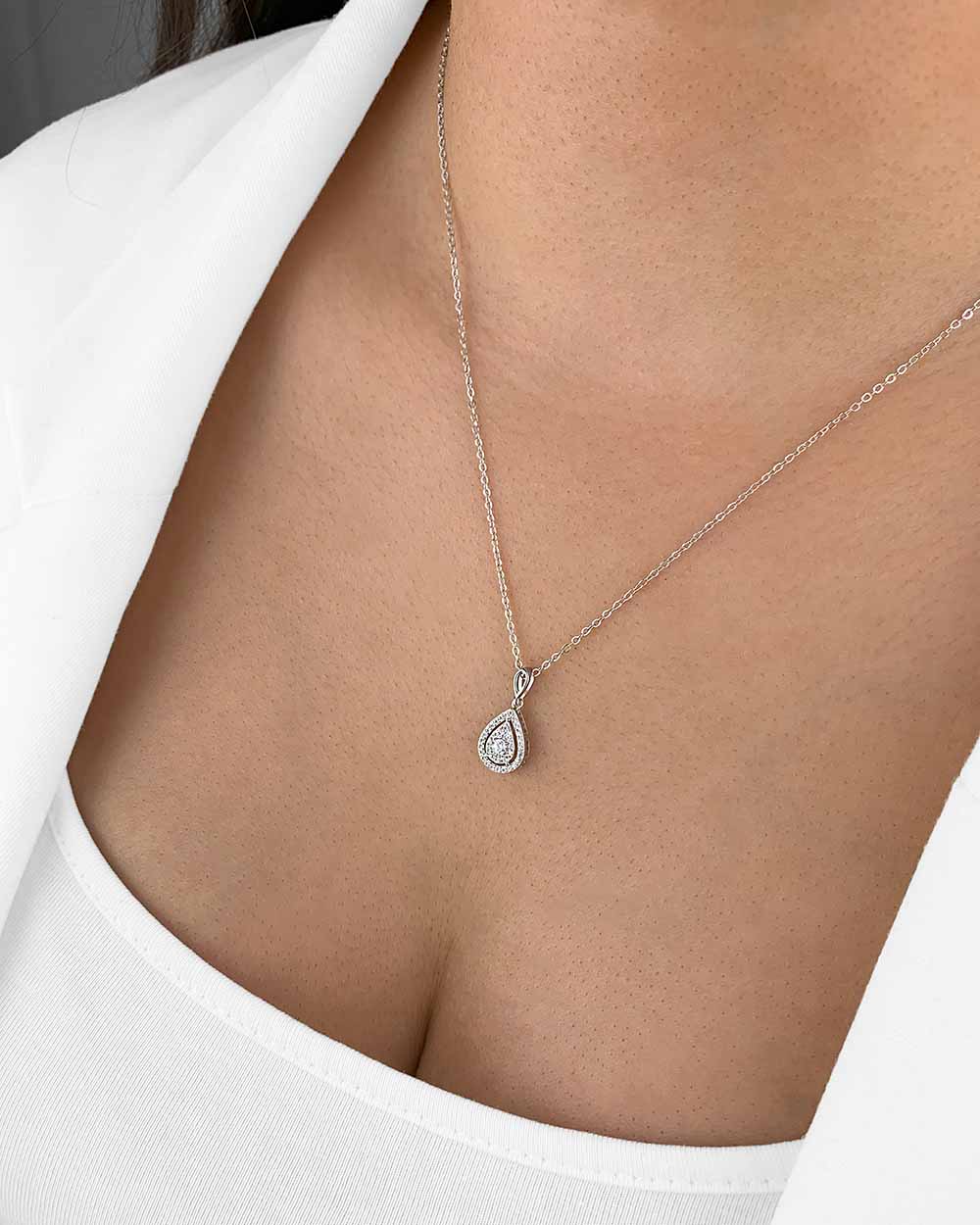 Damen Halskette Silber 925 Anhänger Kristalle Tropfen 'Antonia', filigrane Silberkette kleiner Kristallanhänger tropfenförmig dünne Kette mit Steinen