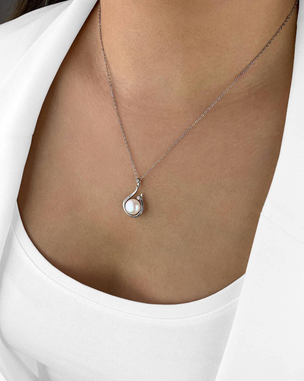 Damen Halskette Silber 925 Anhänger Perle Süßwasserzucht Zirkonia