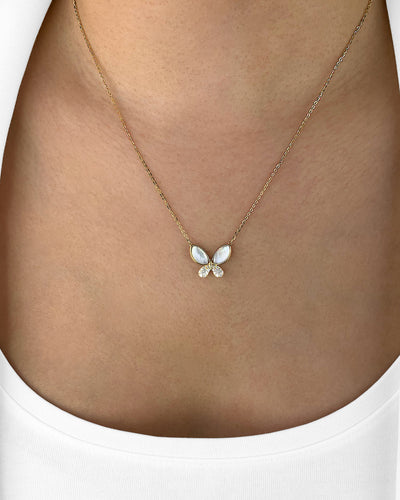 Damen Halskette Silber 925 vergoldet 14k Gold + Zirkonia, Butterfly, 'Simone' Schmetterling-Anhängerkette, größenverstellbar 41cm - 47cm I DANIEL CLIFFORD