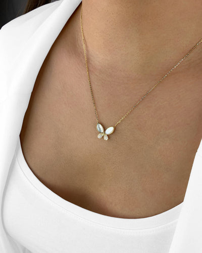 Damen Halskette Silber 925 vergoldet 14k Gold + Zirkonia, Butterfly, 'Simone' Schmetterling-Anhängerkette, größenverstellbar 41cm - 47cm I DANIEL CLIFFORD