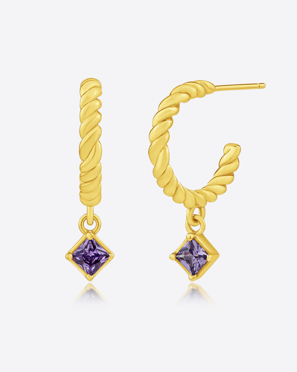 Damen Ohrringe Silber 925 vergoldet 18k Anhänger Zirkonia Kristall grün violett 'Gaby', 16mm goldene Creolen halb offen gedreht Ohrstecker Kristallanhänger 