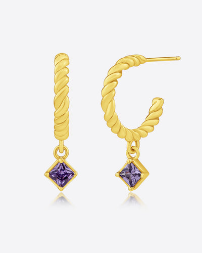 Damen Ohrringe Silber 925 vergoldet 18k Anhänger Zirkonia Kristall grün violett 'Gaby', 16mm goldene Creolen halb offen gedreht Ohrstecker Kristallanhänger 