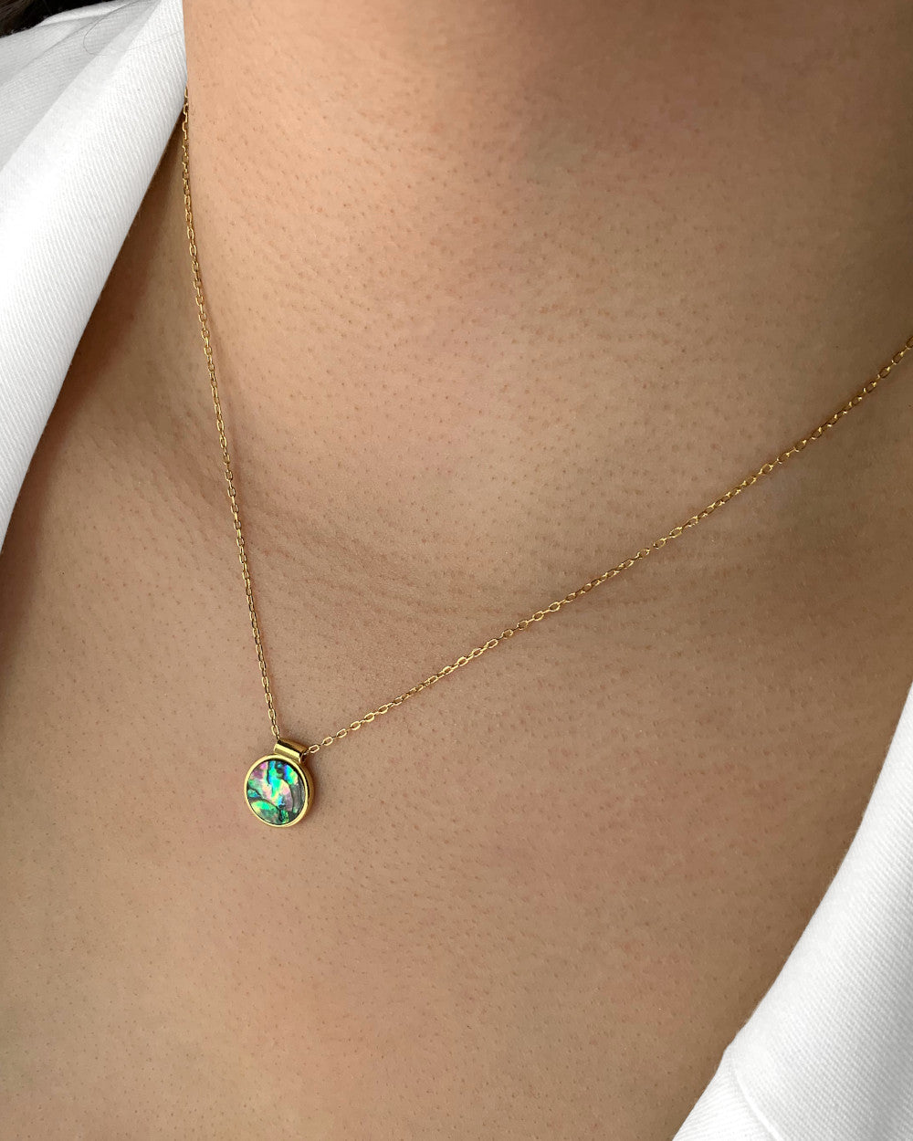 DANIEL CLIFFORD „Estelle“ Damen Halskette Silber 925 vergoldet 18k Gold Abalone Perlmutt Anhänger blau, 38cm – 43cm Frauen Silberkette mit Anhänger