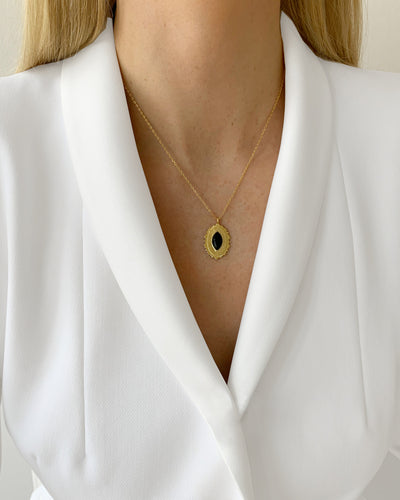 DANIEL CLIFFORD „Mara“ Damen Halskette Silber 925 vergoldet 18k Gold + Onyx Stein, Kette mit gezacktem Anhänger aus Sterlingsilber, 18k Gelbgold und schwarzem Onyx