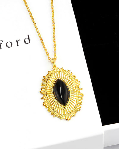 DANIEL CLIFFORD „Mara“ Damen Halskette Silber 925 vergoldet 18k Gold + Onyx Stein, Kette mit gezacktem Anhänger aus Sterlingsilber, 18k Gelbgold und schwarzem Onyx