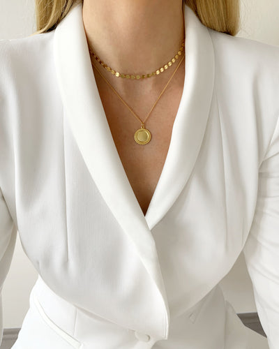 DANIEL CLIFFORD „Dina“ Damen Halskette Silber 925 vergoldet 18k Gold mit Anhänger Plättchen, Kette mit rundem Anhänger, größenverstellbar