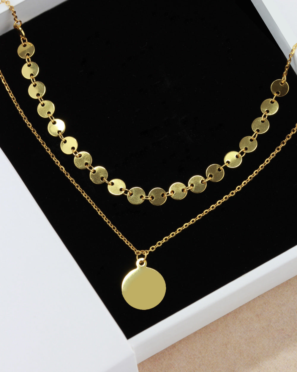DANIEL CLIFFORD „Lina“ Damen Halskette Silber 925 vergoldet 18k Gold mit Anhänger Plättchen, zweireihige Layering Kette mit rundem Anhänger, größenverstellbar