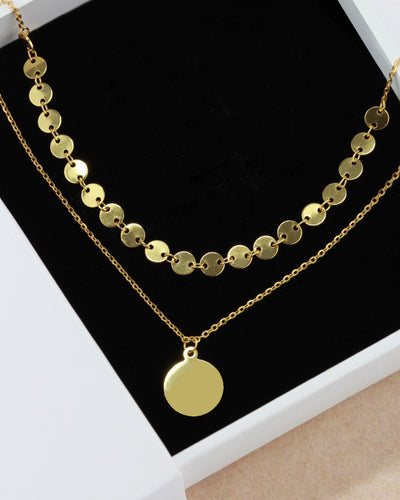 DANIEL CLIFFORD „Lina“ Damen Halskette Silber 925 vergoldet 18k Gold mit Anhänger Plättchen, zweireihige Layering Kette mit rundem Anhänger, größenverstellbar