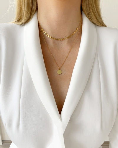 DANIEL CLIFFORD „Lina“ Damen Halskette Silber 925 vergoldet 18k Gold mit Anhänger Plättchen, zweireihige Layering Kette mit rundem Anhänger, größenverstellbar