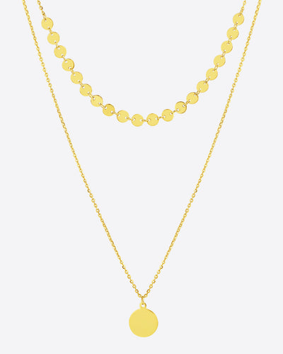 DANIEL CLIFFORD „Lina“ Damen Halskette Silber 925 vergoldet 18k Gold mit Anhänger Plättchen,  zweireihige Layering Kette mit rundem Anhänger, größenverstellbar