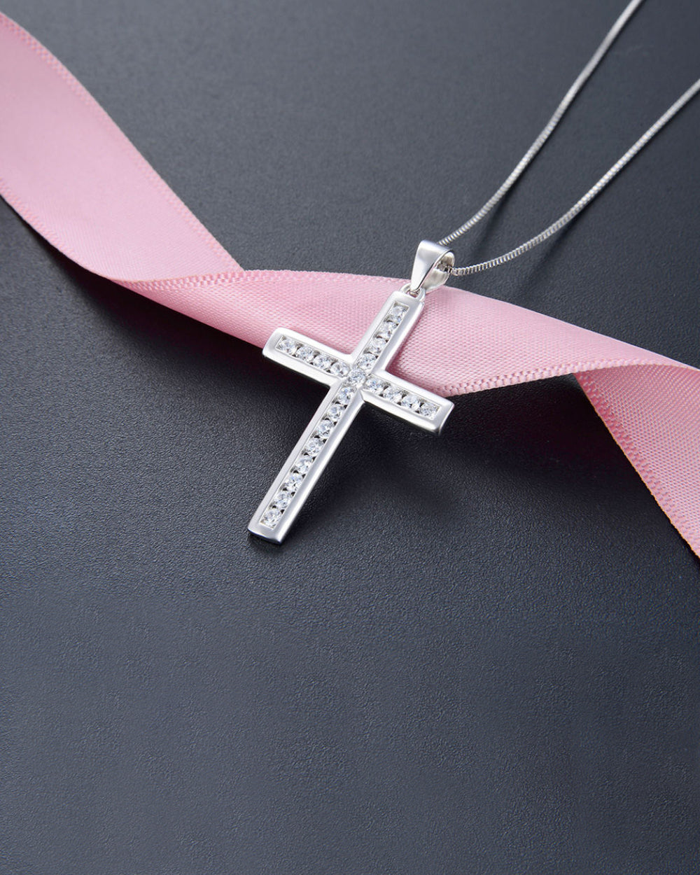 DANIEL CLIFFORD „Camille“ Damen Halskette Silber 925 Kreuz Anhänger, 45cm Kreuzkette Sterlingsilber Zirkonia Kristalle, Silberkette Kreuzanhänger