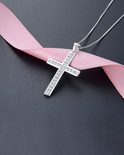 DANIEL CLIFFORD „Camille“ Damen Halskette Silber 925 Kreuz Anhänger, 45cm Kreuzkette Sterlingsilber Zirkonia Kristalle, Silberkette Kreuzanhänger