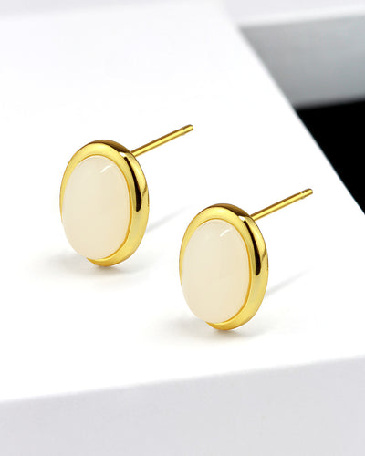 DANIEL CLIFFORD „Ella“ Damen Ohrringe Silber 925 vergoldet 18k Gelbgold + weißer Opal, Ohrstecker aus Sterlingsilber, 18k Gold und natürlichem Opal