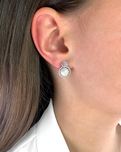 DANIEL CLIFFORD „Amelie“ Damen Ohrstecker Silber 925 Perle Süßwasserzucht Zirkonia Kristalle, Perlenohrstecker Sterlingsilber, runde Perlenohrringe